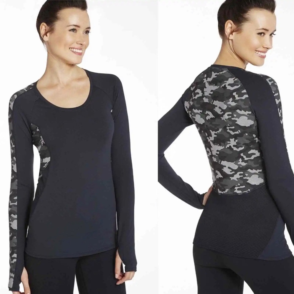 Fabletics Long Sleeve Camo Top/Black & Gray/Berlin